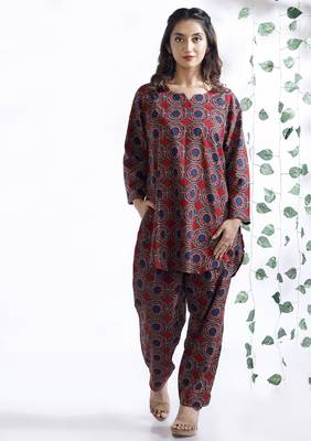 Red everyday wear cotton co-ord set for women 1