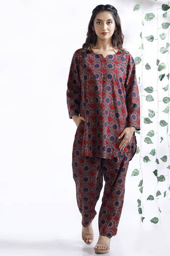 Red everyday wear cotton co-ord set for women