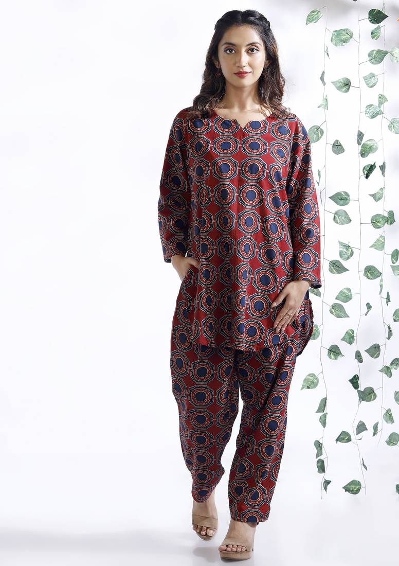 Red everyday wear cotton co-ord set for women