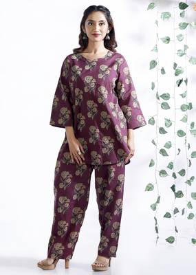 Wine everyday wear cotton co-ord set for women 5