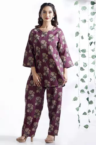 Wine everyday wear cotton co-ord set for women
