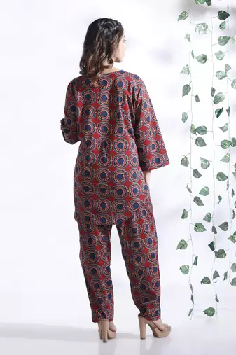 Red everyday wear cotton co-ord set for women