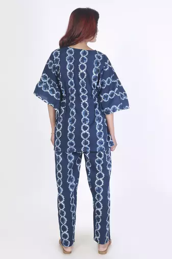 Blue abstract printed cotton kaftan co-ord set for women