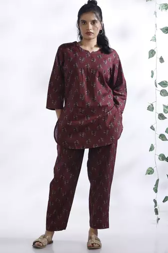 Wine everyday wear cotton co-ord set for women