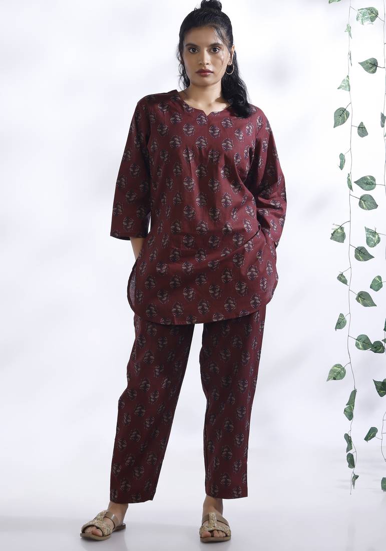 Wine everyday wear cotton co-ord set for women