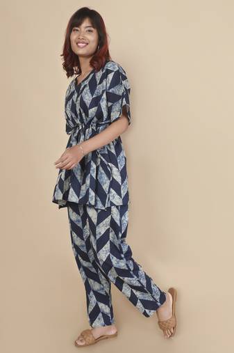 Blue geometric printed cotton kaftan co-ord set for women