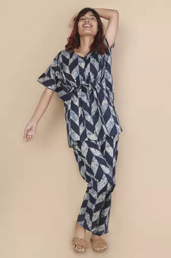 Blue geometric printed cotton kaftan co-ord set for women