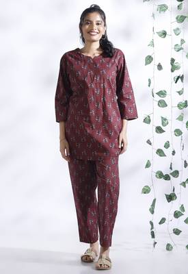 Wine everyday wear cotton co-ord set for women 5