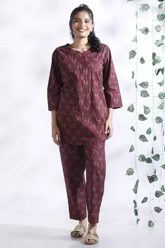 Wine everyday wear cotton co-ord set for women