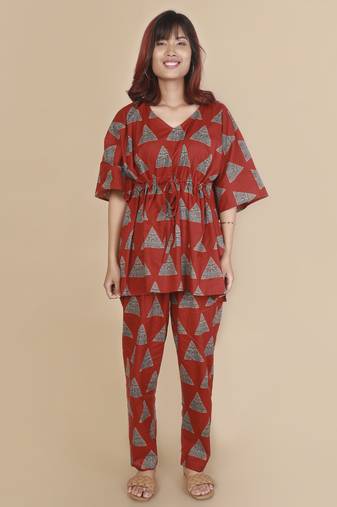 Red geometric printed cotton kaftan co-ord set for women