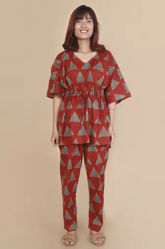 Red geometric printed cotton kaftan co-ord set for women