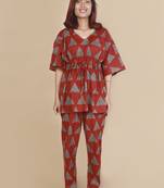 Red geometric printed cotton kaftan co-ord set for women