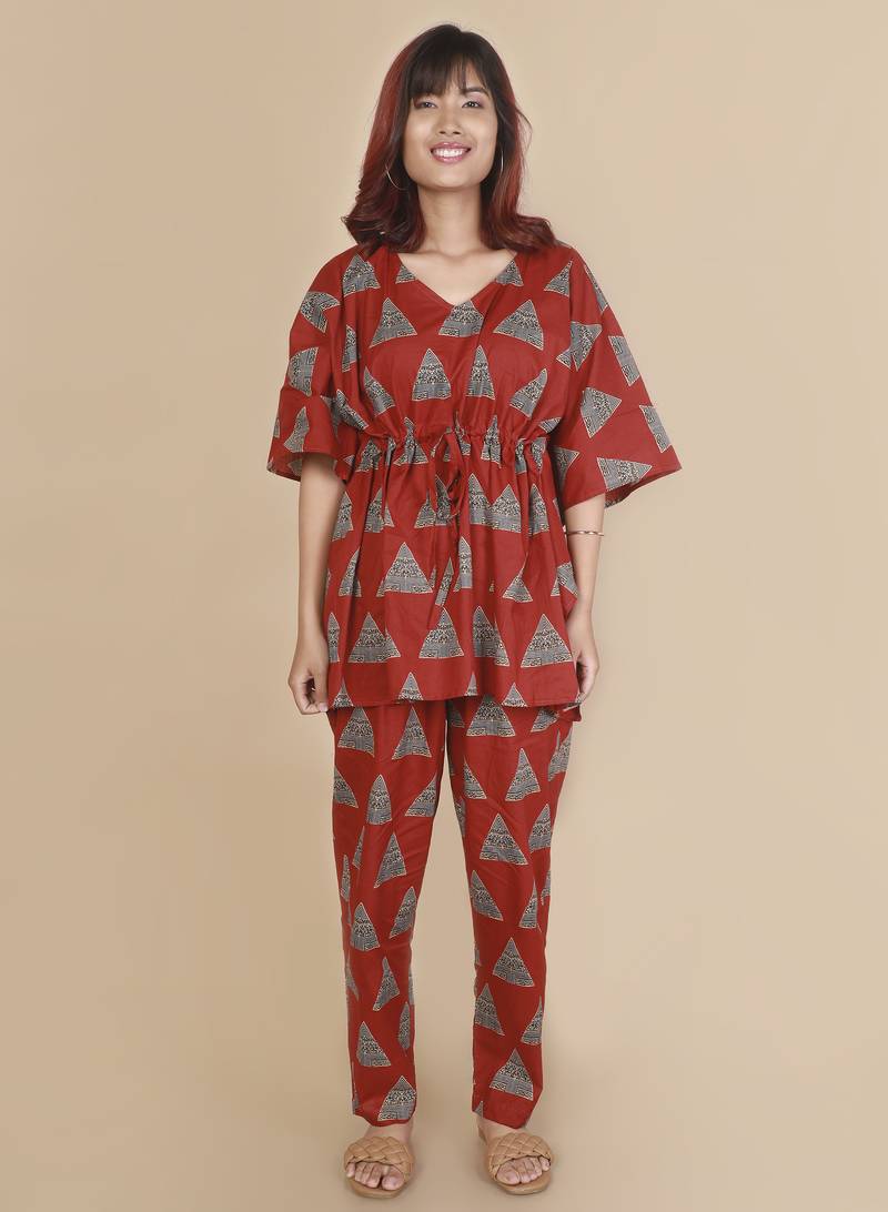 Red geometric printed cotton kaftan co-ord set for women