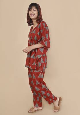 Red geometric printed cotton kaftan co-ord set for women 2