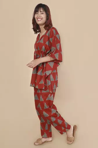 Red geometric printed cotton kaftan co-ord set for women
