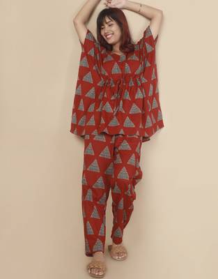 Red geometric printed cotton kaftan co-ord set for women 3