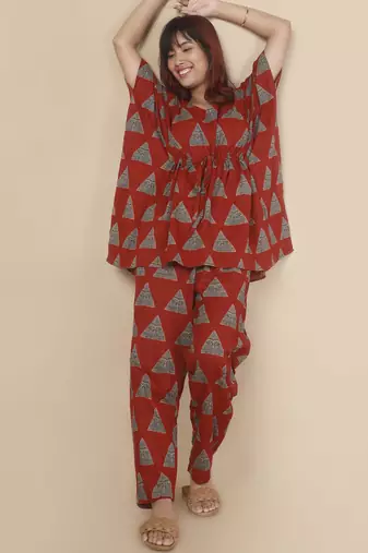 Red geometric printed cotton kaftan co-ord set for women
