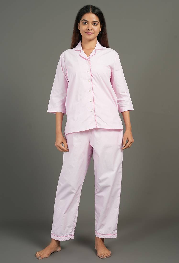 Pink solid cotton co-ord set for women