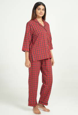 Red checks printed cotton co-ord set for women 1
