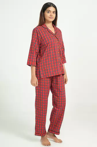 Red checks printed cotton co-ord set for women