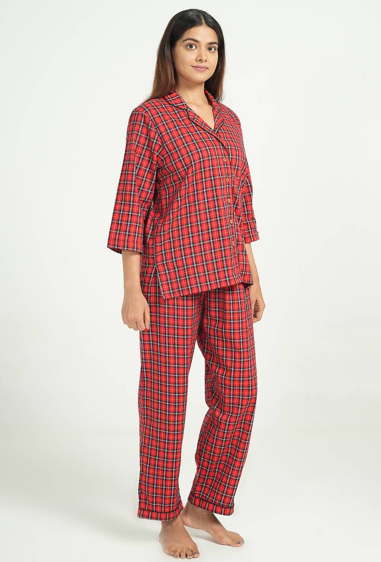Red checks printed cotton co-ord set for women