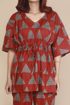 Red geometric printed cotton kaftan co-ord set for women 4