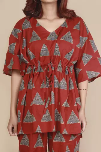 Red geometric printed cotton kaftan co-ord set for women
