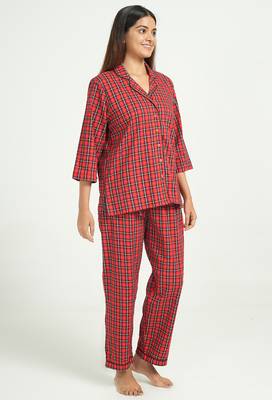 Red checks printed cotton co-ord set for women 3