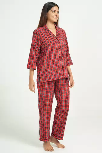 Red checks printed cotton co-ord set for women
