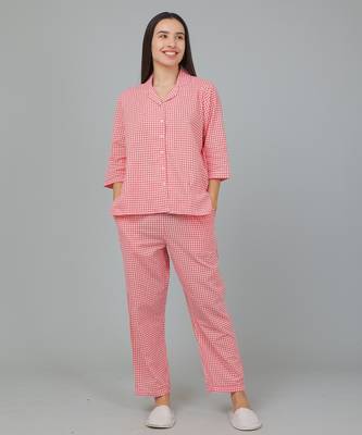 Red checks printed cotton co-ord set for women 1