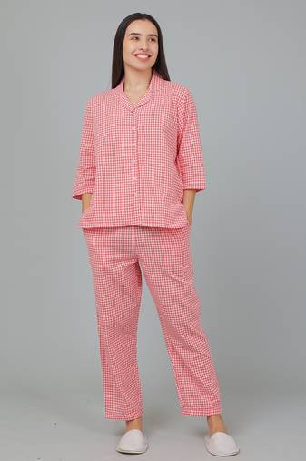 Red checks printed cotton co-ord set for women