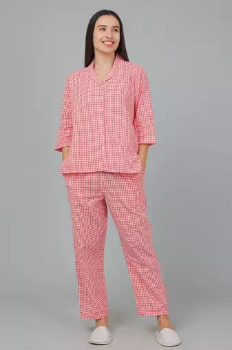 Red checks printed cotton co-ord set for women