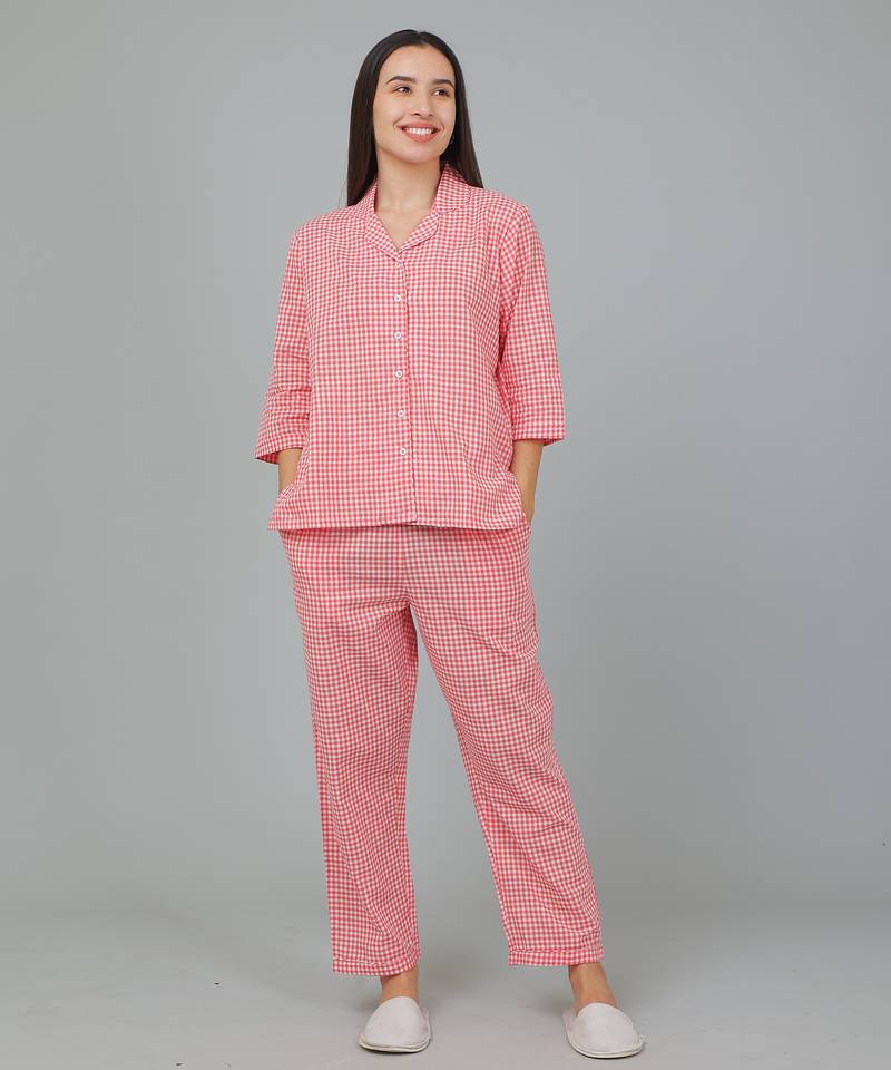 Red checks printed cotton co-ord set for women