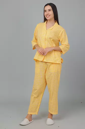 Yellow checks printed cotton co-ord set for women