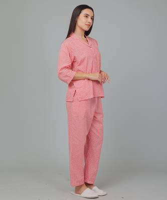 Red checks printed cotton co-ord set for women 3