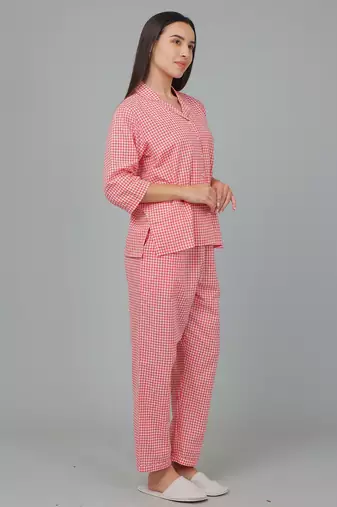 Red checks printed cotton co-ord set for women