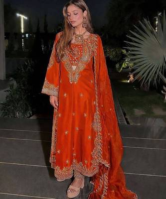 Orange premium chinon embroidered kurti pant set with dupatta 1
