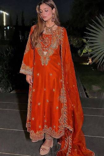 Orange premium chinon embroidered kurti pant set with dupatta