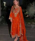 Orange premium chinon embroidered kurti pant set with dupatta