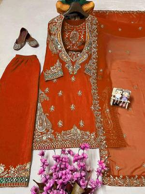 Orange premium chinon embroidered kurti pant set with dupatta 2