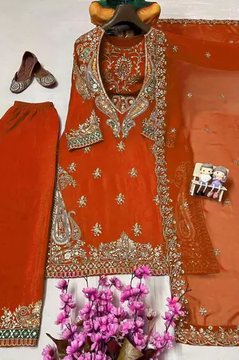 Orange premium chinon embroidered kurti pant set with dupatta
