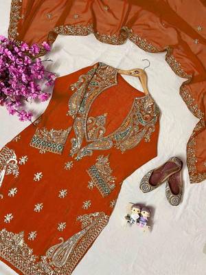 Orange premium chinon embroidered kurti pant set with dupatta 3