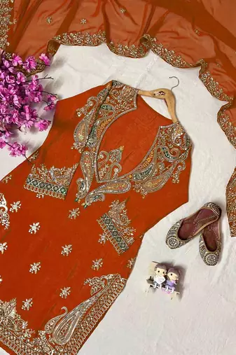 Orange premium chinon embroidered kurti pant set with dupatta