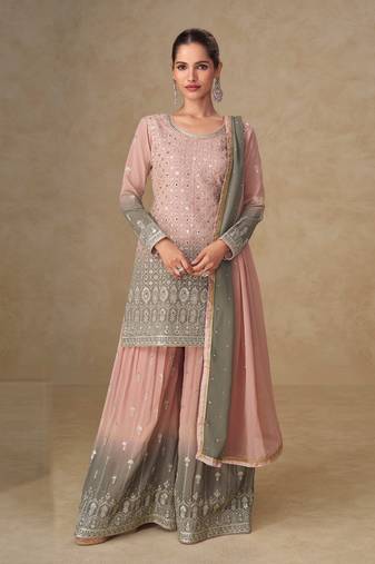 Pink georgette embroidered sequins mirror work palazzo suit