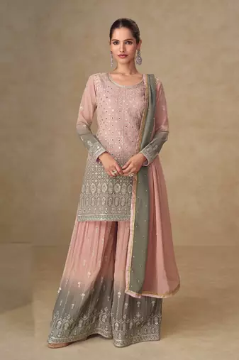 Pink georgette embroidered sequins mirror work palazzo suit