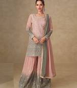 Pink georgette embroidered sequins mirror work palazzo suit