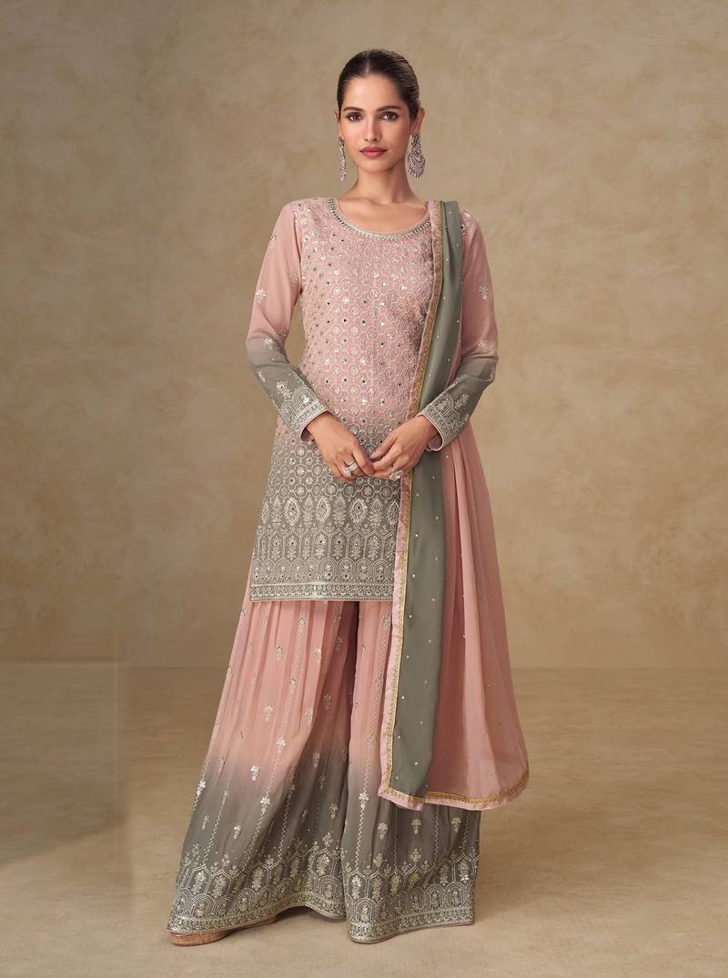 Pink georgette embroidered sequins mirror work palazzo suit