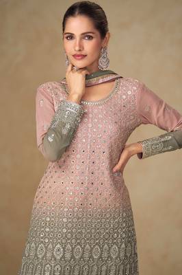 Pink georgette embroidered sequins mirror work palazzo suit 2