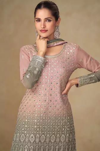 Pink georgette embroidered sequins mirror work palazzo suit