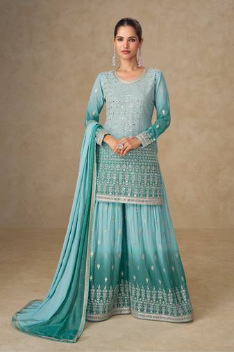 Sky blue georgette embroidered sequins mirror work palazzo suit